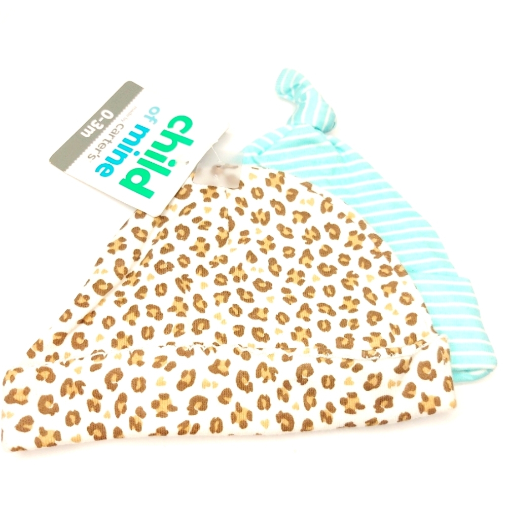 2 Pack Baby Hats Beanies‎ Teal And White Stripes And Cheetah